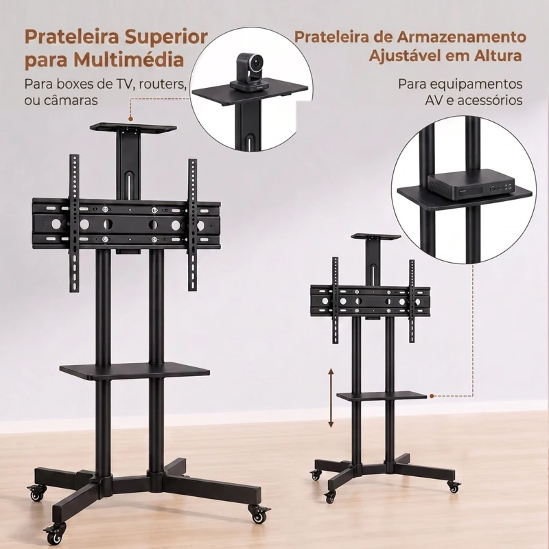 HOMCOM Suporte para TV com Rodas 32"-75" Altura Regulável Inclinação ±15° e 2 Prateleiras Preto