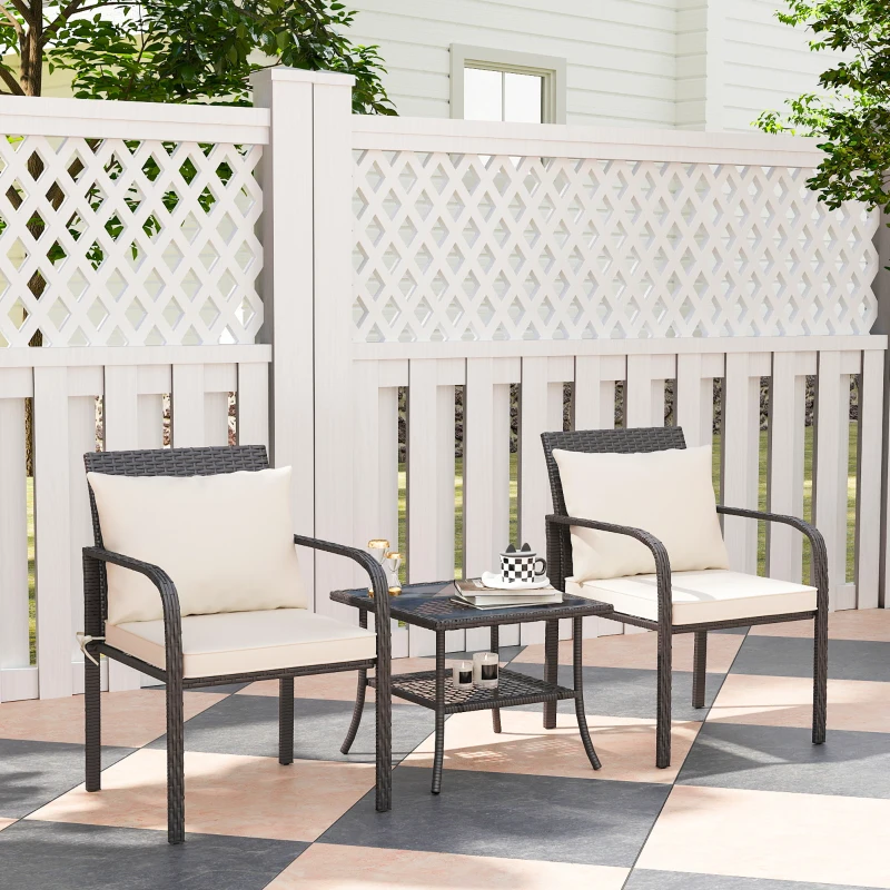 Outsunny Conjunto de Jardim de 3 Peças com 2 Cadeiras e Mesa com Prateleira e Bancada de Vidro Marrom Escuro e Creme