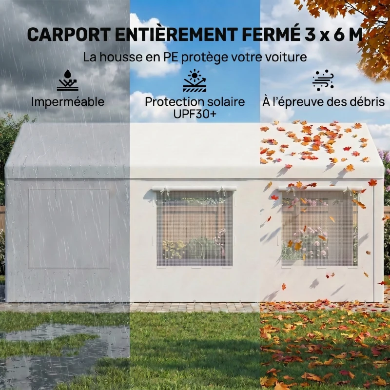 Outsunny Abri de Voiture Tente de Garage Protection UV30+ Hauteur Réglable 6 Fenêtres et Moustiquaire 3x6m Blanc
