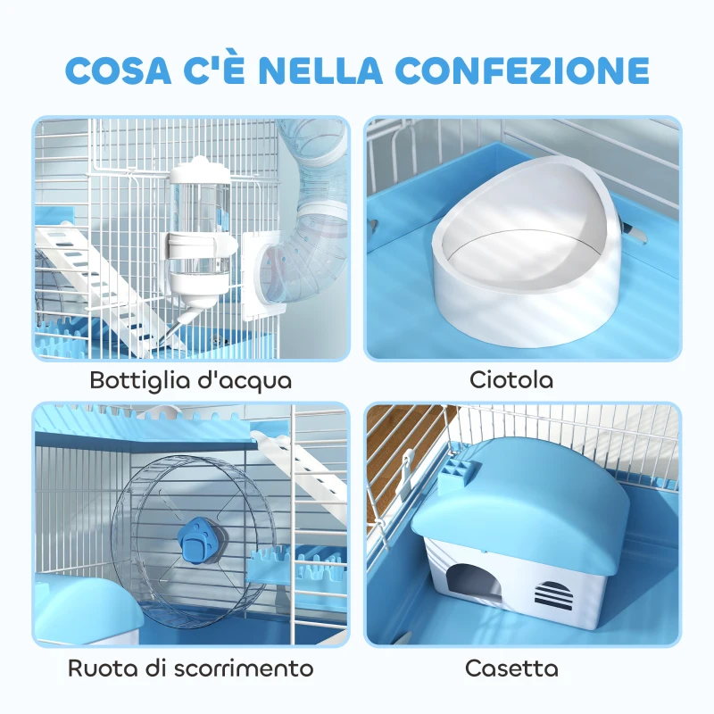 PawHut Gabbia per Criceti a 3 Piani con Casetta, Ruota, Ciotola per Cibo, Bottiglia e Tubi, Azzurro