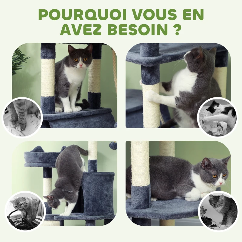 PawHut Arbre à chat 206 cm tour de jeux pour chat en peluche plusieurs niveaux idéal pour 1-3 chats 60 x 50 x 206 cm gris foncé