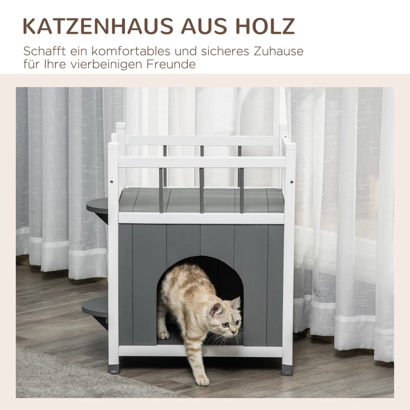 PawHut Katzenhaus mit Balkon Katzenhütte Lodge Outdoor Winterfest Massivholz Grau+Weiß 60 x 46 x 65 cm