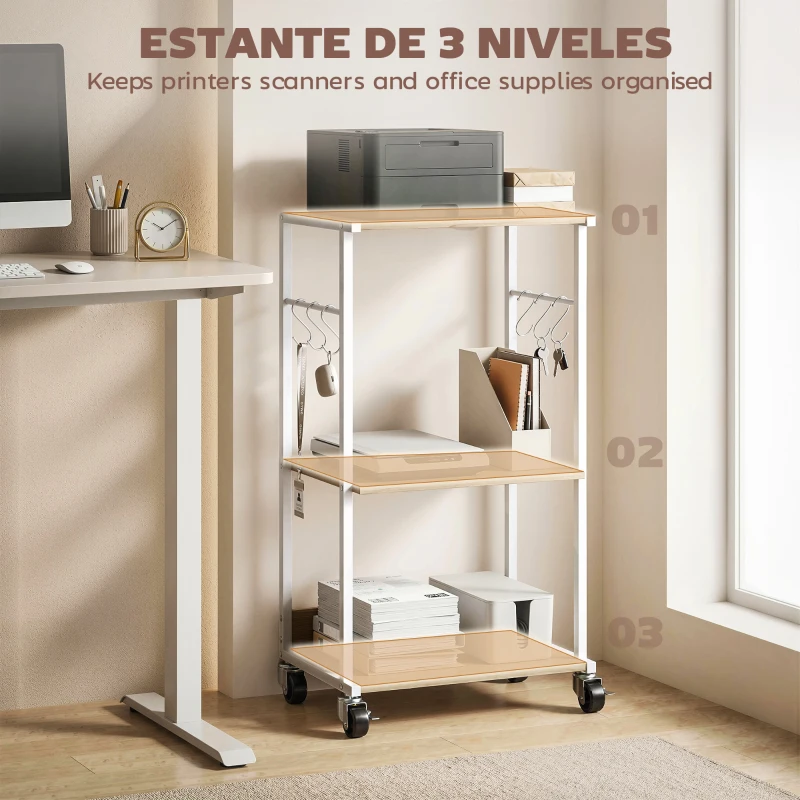 HOMCOM Soporte para Impresora de 3 Niveles con Ruedas Mueble para Impresora con Ganchos y Marco Metálico Madera Natural