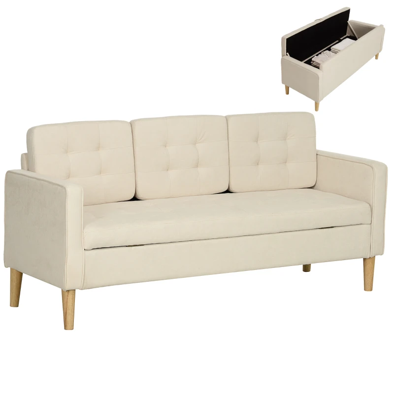 HOMCOM 3-Sitzer Sofa mit Stauraum, Knopfheftung, Polstercouch, 166,5 x 62 x 82 cm, Cremeweiß
