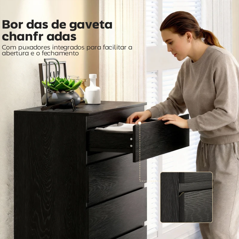 HOMCOM Cómoda 5 Gavetas Cômoda para Quarto Móvel de Arrumação Estilo Moderno 77x40x111,5 cm Preto Veteado