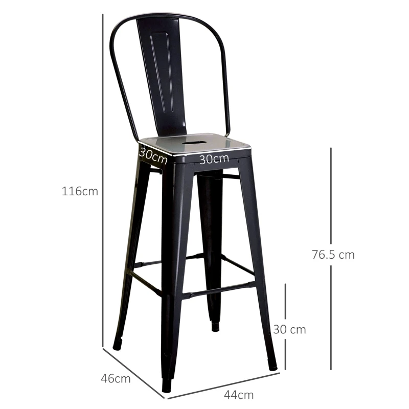 HOMCOM Set 2 Scaune de Bar Industriale cu Spătar Detașabil și Suport pentru Picioare, din Metal, 44x46x116 cm, Negru