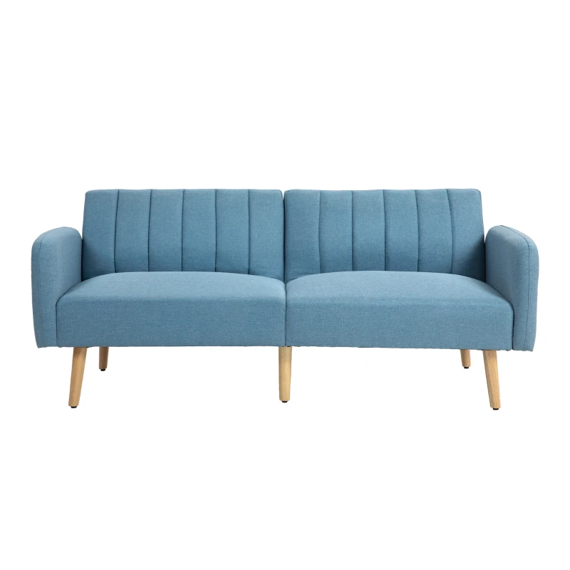 HOMCOM Sofá Cama de 2 Lugares com Encosto Ajustável em 3 Posições Apoio para os Braços e Pés de Madeira 173x75x73 cm Azul Claro