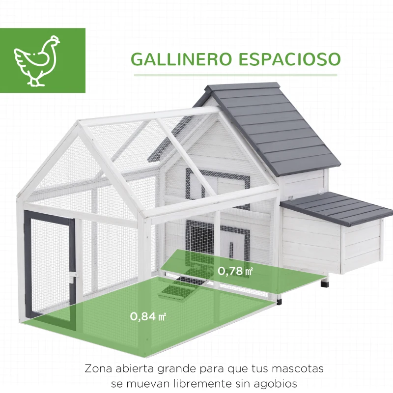 PawHut Gallinero de Madera para Exterior Jaula Grande de 2 Niveles 166x124x112 cm con Corral de Alambre Caja Nido Bandeja Extraíble y Rampa Gris y Blanco