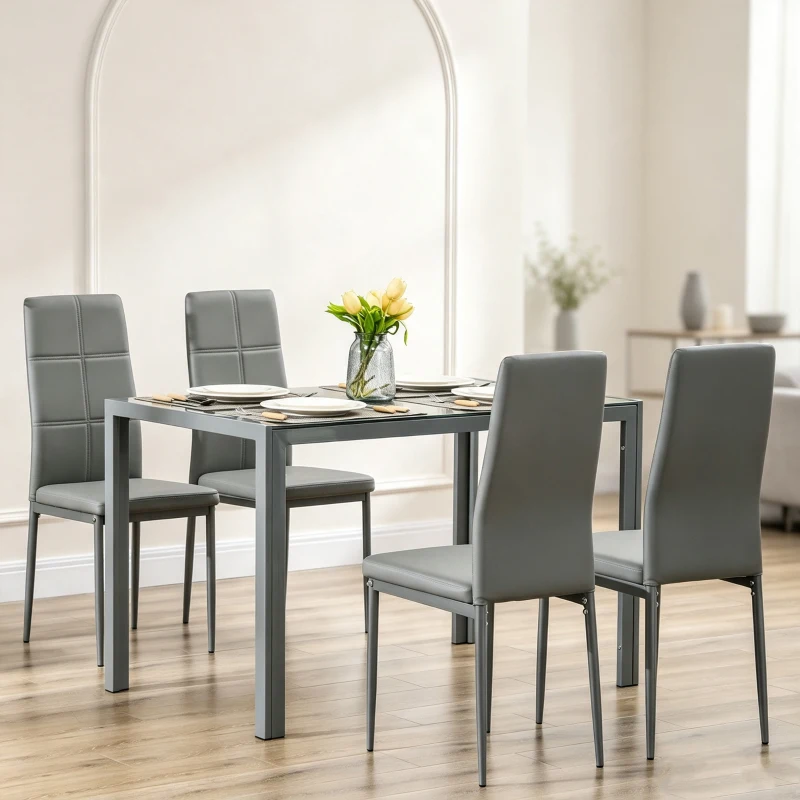HOMCOM Conjunto de Sala de Jantar 5 Peças com Mesa Retangular de Vidro Temperado e 4 Cadeiras em PU Cinzento
