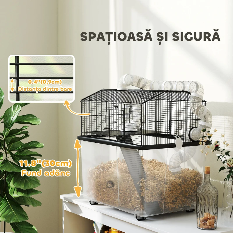 PawHut Cușcă pentru Hamsteri cu 2 Niveluri, cu Roți, Tuburi, Bol, Sticlă și Rampă, 58x43x57 cm, Neagră