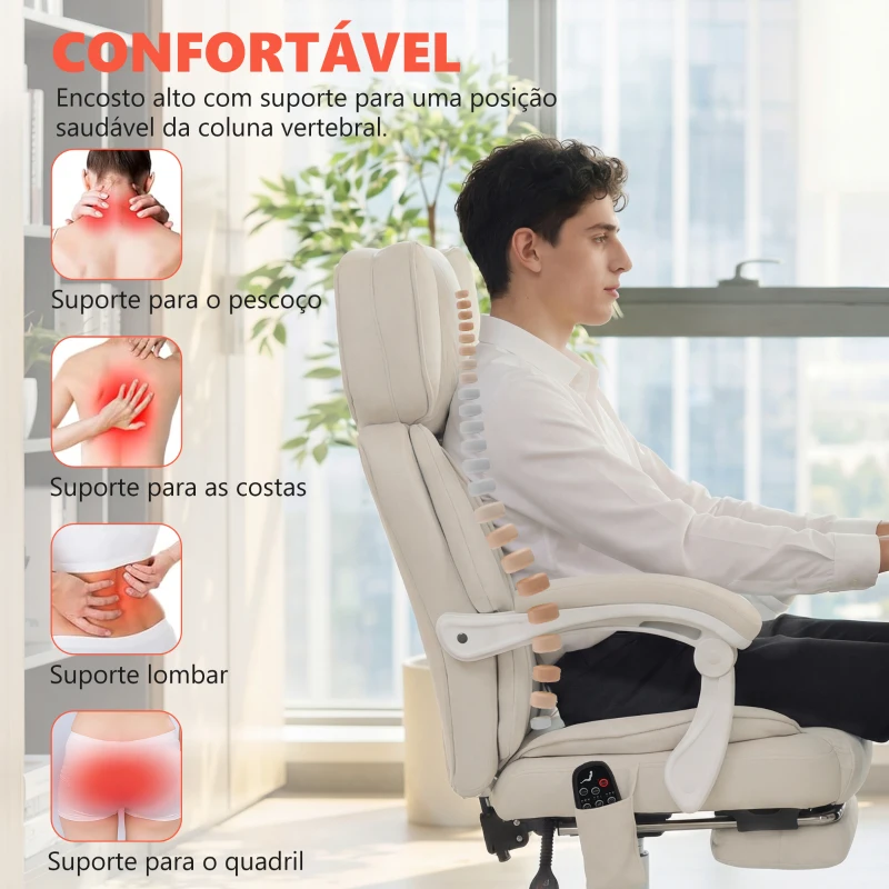 HOMCOM Cadeira de Escritório Reclinável com Massagem Vibratória de 6 Pontos Aquecimento Lombar Apoio de Cabeça Ajustável Apoio para os Pés Creme