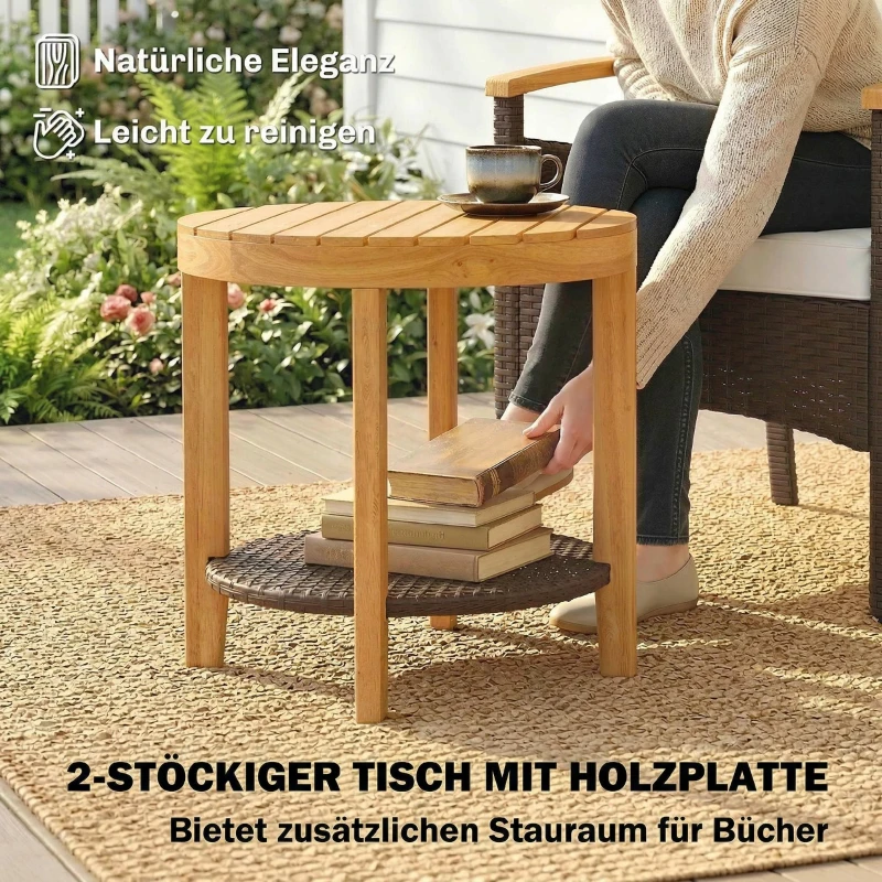 Outsunny Rattan Bistroset 3 teiliges FSC Gartenmöbel-Set mit 2 Sessel, 2-Ebene Holz-Tisch, dicke waschbare Kissen
