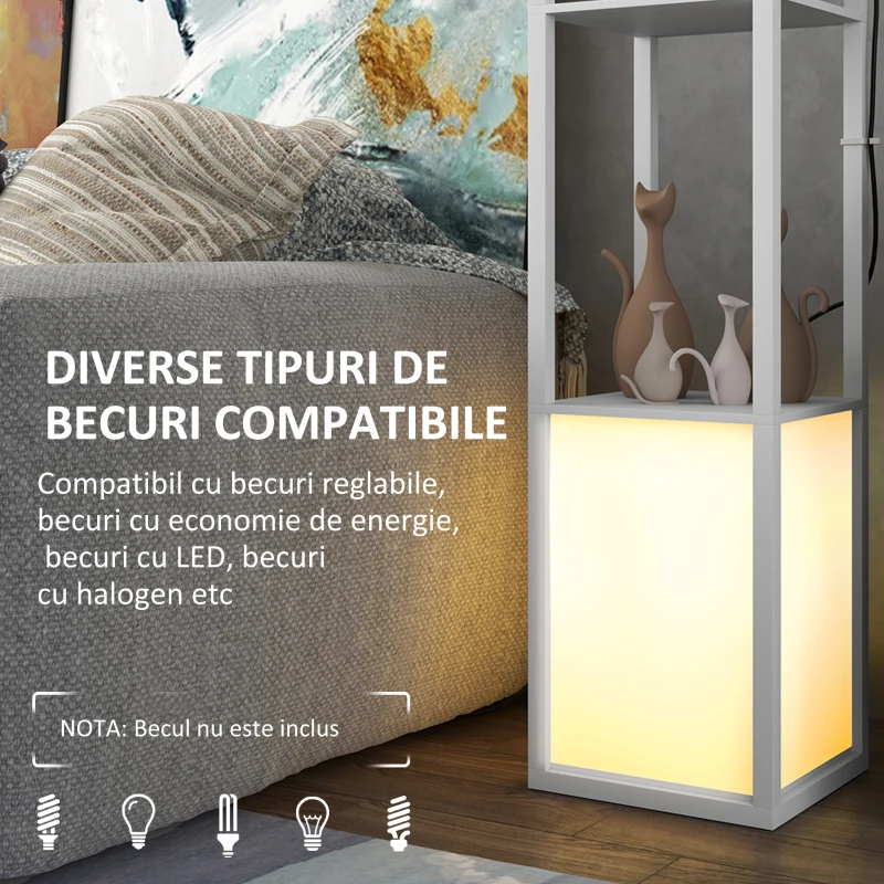 HOMCOM Lampă de podea modernă cu 2 abajururi și 2 rafturi pentru becuri E27, putere max. 40W, 26x26x156 cm, alb