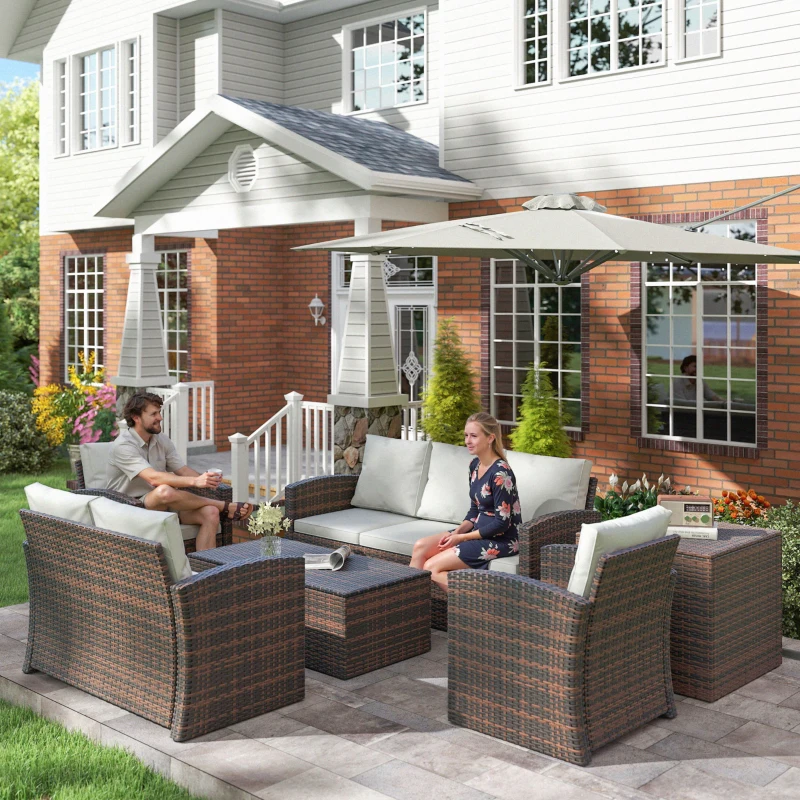 Outsunny Conjunto de Jardim Exterior de Vime 6 Peças Almofadas Sofá Duplo Sofá de 3 Lugares 2 Poltronas 2 Mesas Auxiliares Bege