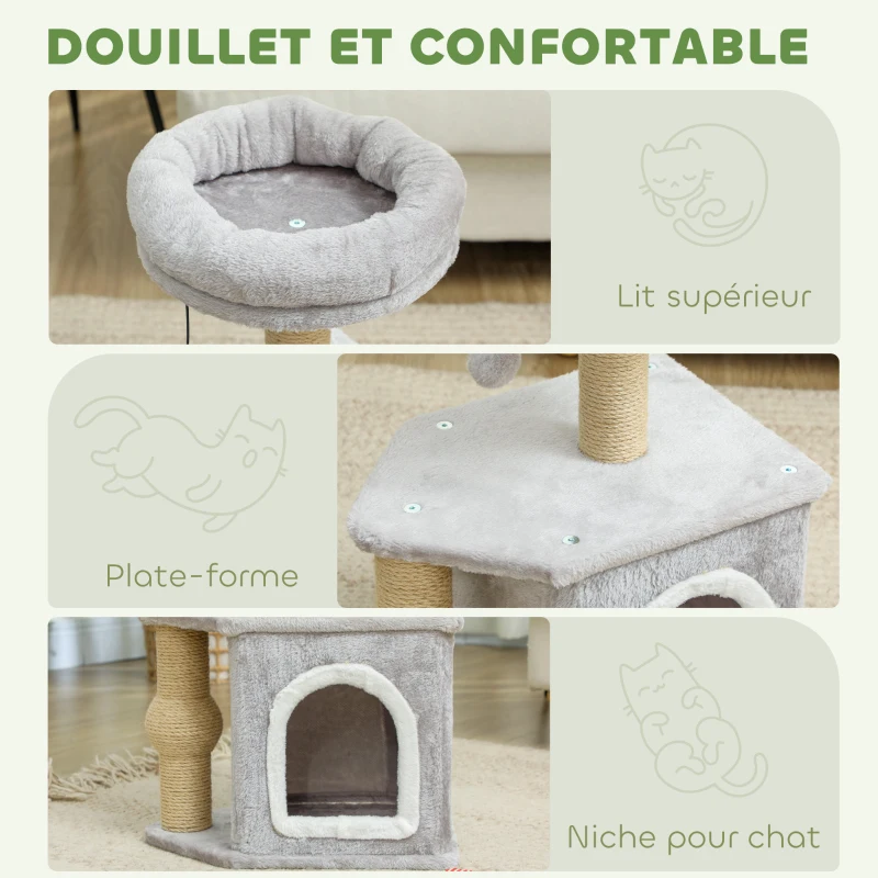 PawHut Arbre à chat tour de jeux pour chats, avec poteaux à griffer lit pour chat maison pour chat 42 x 30 x 66 cm gris clair