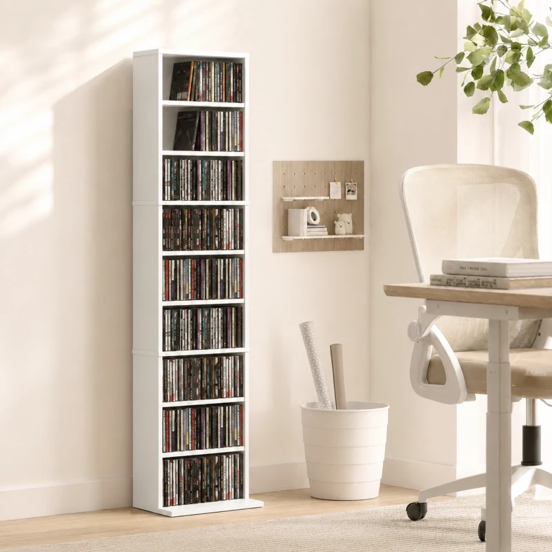 HOMCOM Regał na płyty CD/DVD, 9 poziomów, wąski regał stojący z 6 regulowanymi półkami, dla 260 płyt CD, Biały