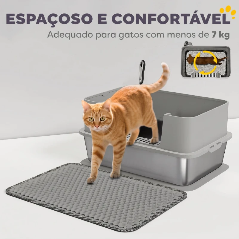 PawHut Caixa de Areia para Gatos XL em Aço Inoxidável com Borda Alta, Pá, Fácil de Limpar, Anti-Derrame, 60x40x29,5 cm, Cinzento