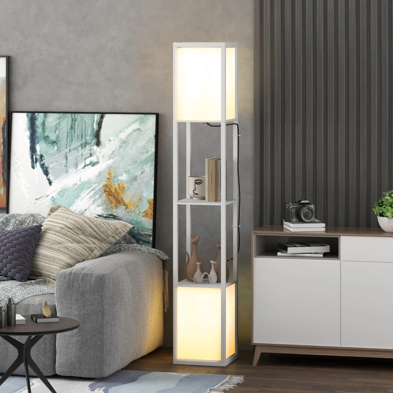 HOMCOM Lampă de podea modernă cu 2 abajururi și 2 rafturi pentru becuri E27, putere max. 40W, 26x26x156 cm, alb