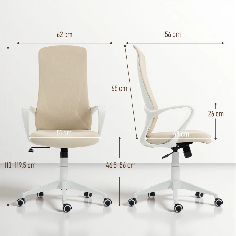 Vinsetto Cadeira de Escritório Ergonómica com Altura Ajustável Função de Inclinação e Encosto Alto 62x56x110-119,5 cm Bege