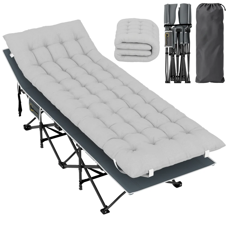 Outsunny Feldbett faltbar Campingbett mit Matratze Kopfkissen Seitentasche 185 x 68 x 37 cm bis 150 kg Hellgrau