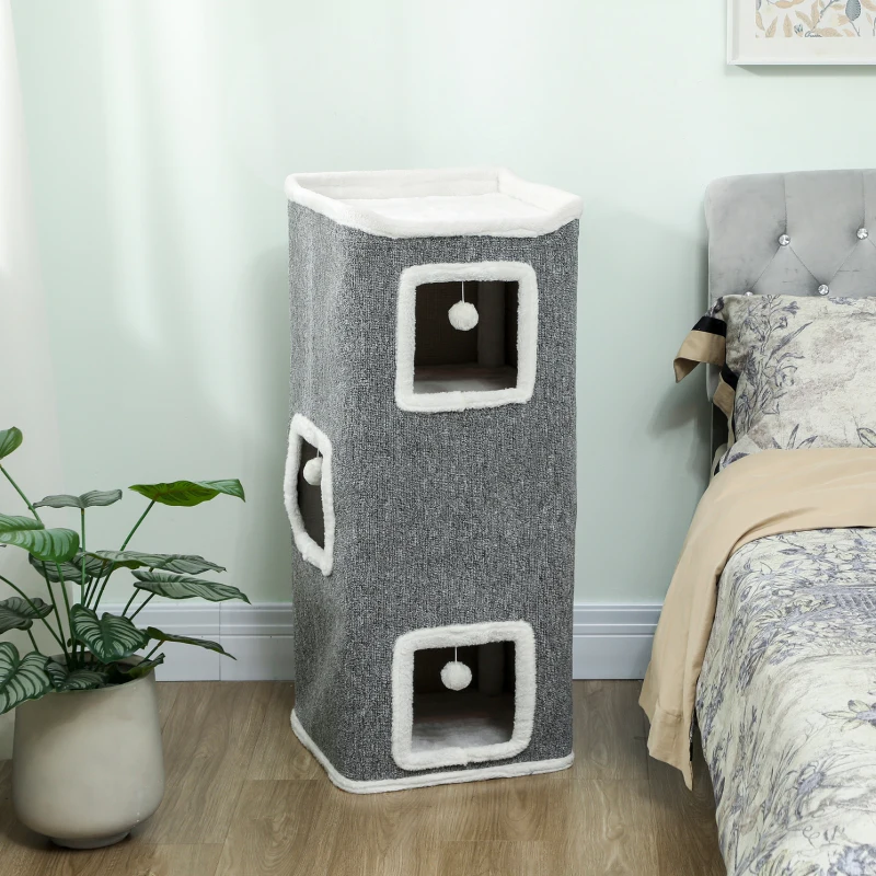 PawHut Tour pour chat 4 niveaux, arbre à chat stable boules de jeu plateforme supérieure bord en peluche, 41x 41 x 100 cm, gris