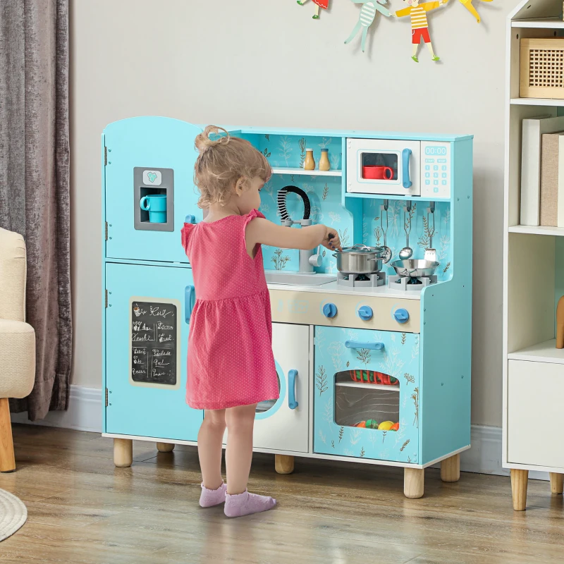 AIYAPLAY Cozinha de Madeira para Crianças com Sons Fogão Forno Micro-Ondas Máquina de Gelo e Acessórios 90x33,3x91,6 cm Azul