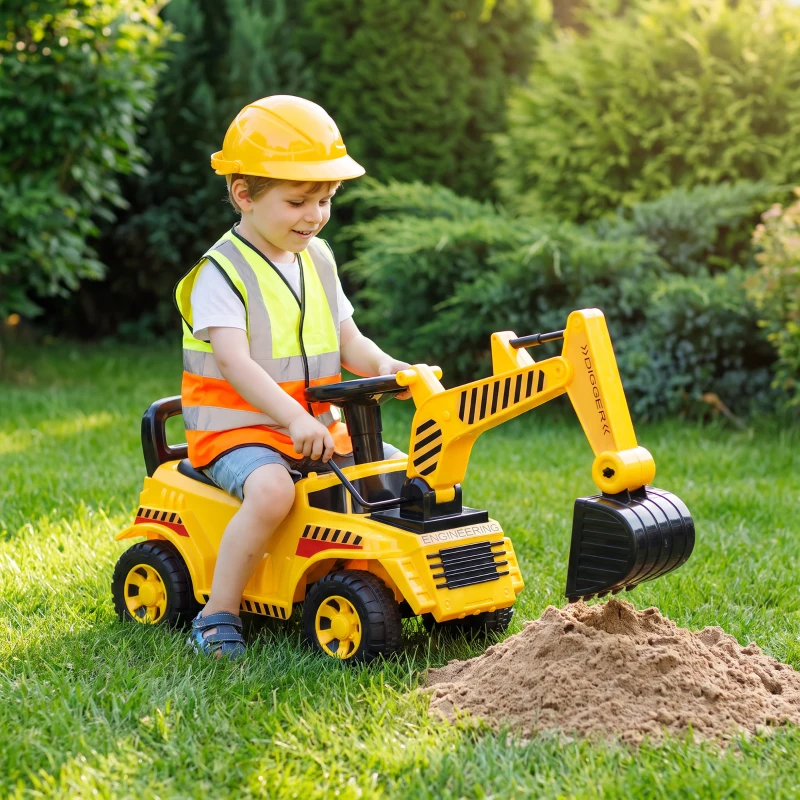 AIYAPLAY Tractopelle Enfant, Porteur Pelleteuse avec Casque de Sécurité, Klaxon et Bras d'Excavation Amovible, 1 à 4 Ans, Jaune