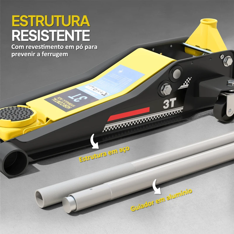 HOMCOM Macaco Hidráulico para Carro Altura de Elevação 7,5-50,5 cm com Bomba de Pistão Duplo para Reparação e Troca de Pneus Amarelo