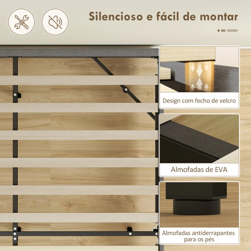 HOMCOM Cama 160x200 cm com Luzes LED Estofada em Linho Ripas de Madeira Silenciosa Fácil de Montar Cinzento