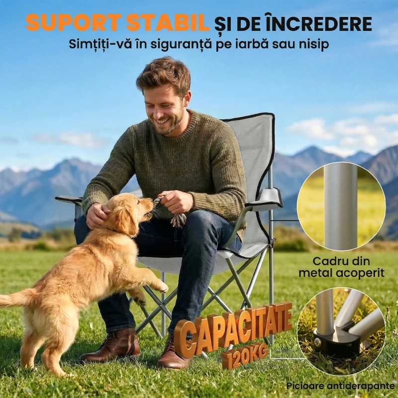 Outsunny Set Scaune de Camping cu Suport pentru Pahare și Genți, Gri