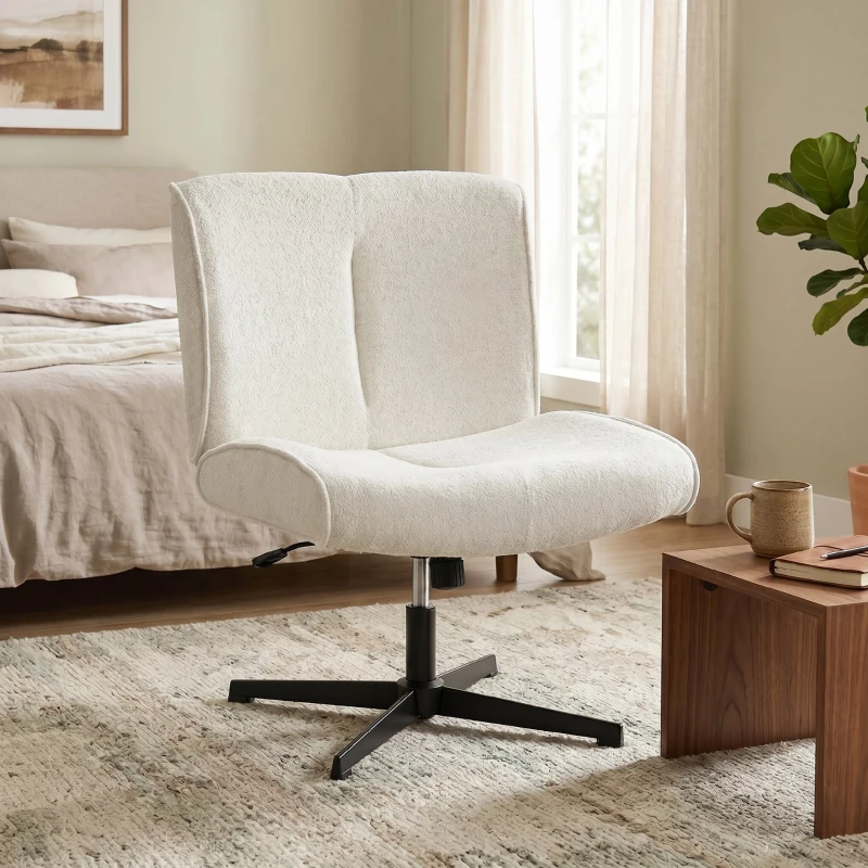 HOMCOM Scaun de birou pivotant fără brațe, șezut lat, fotoliu de birou, sufragerie, dormitor, scaun modern din catifea cu design în formă de lacrimă, reglabil pe înălțime, 63 x 75 x 90cm, crem