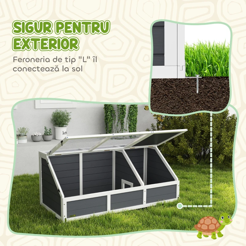 PawHut Căsuță pentru Țestoase de Uscat fără Podea, din Lemn de Brad și Oțel Zincat, 120x55x50 cm, Gri și Alb