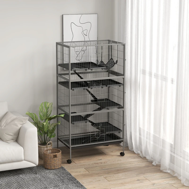 PawHut Cage pour rongeurs multifonction 4 plateformes 3 rampes 4 portes dim. 80L x 52l x 159H cm acier gris argenté noir