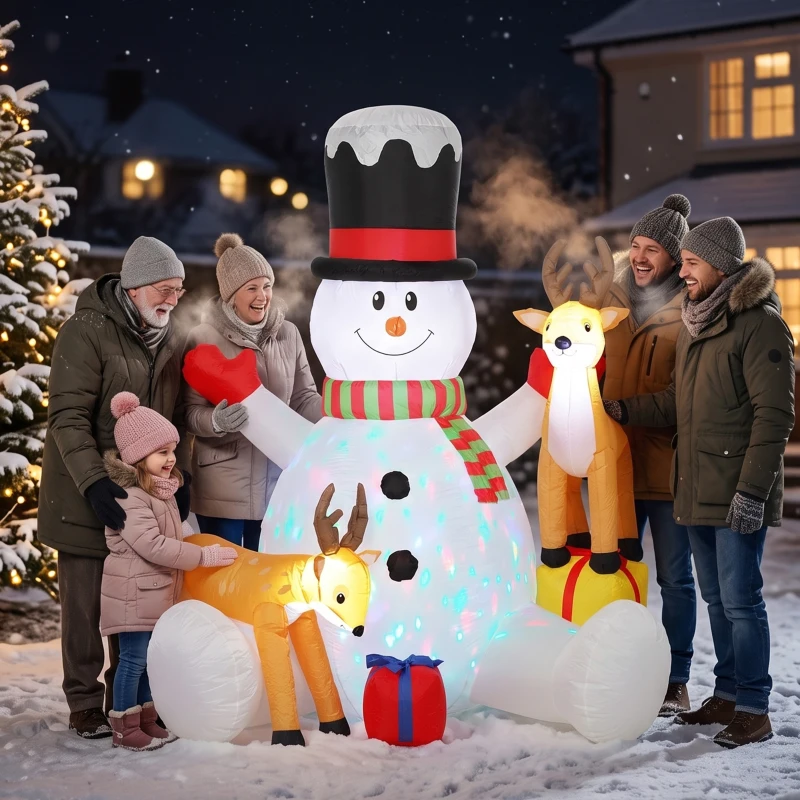 Outsunny Aufblasbarer Weihnachts-Schneemann mit 2 Rentieren, 215 cm, für draußen, mit LEDs und Tasche