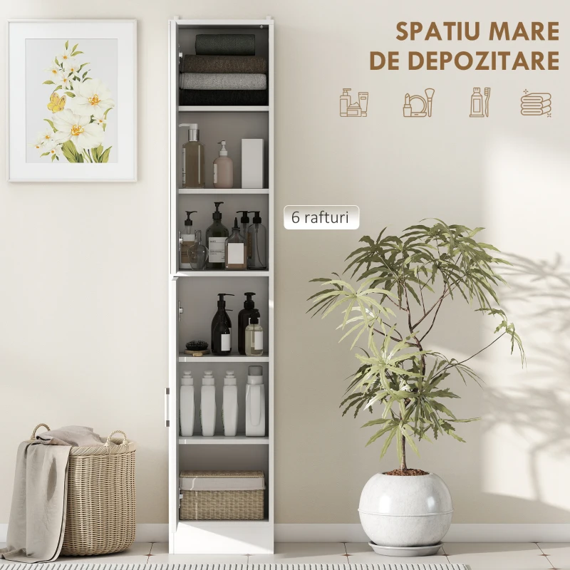 kleankin Mobile Colonna Bagno in Legno a 5 Ripiani con Anta a Specchio Apribile, 32x28x162 cm, Bianco