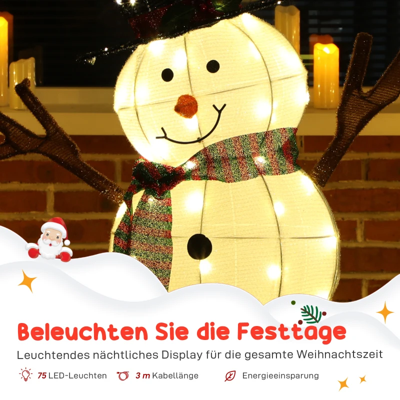 Outsunny Fröhliche Schneemann-Dekoration für Weihnachten, Außendekoration mit LED-Lichtern, Stahl, Polyester, Weiß+Schwarz
