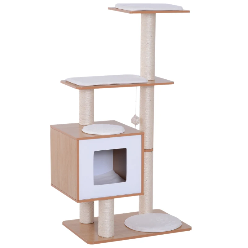PawHut Arbre à chats design contemporain griffoirs grattoirs sisal naturel centre d'activités niche plate-formes jeu boules suspendues 71,5L x 49,5l x 120H cm MDF hêtre clair