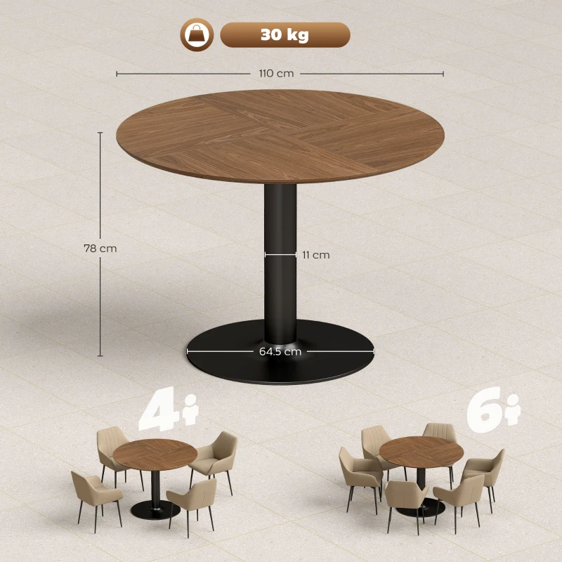 HOMCOM Masă rotundă de dining pentru 6 persoane, Ø110x78 cm, cu bază din oțel, maro cu efect de lemn