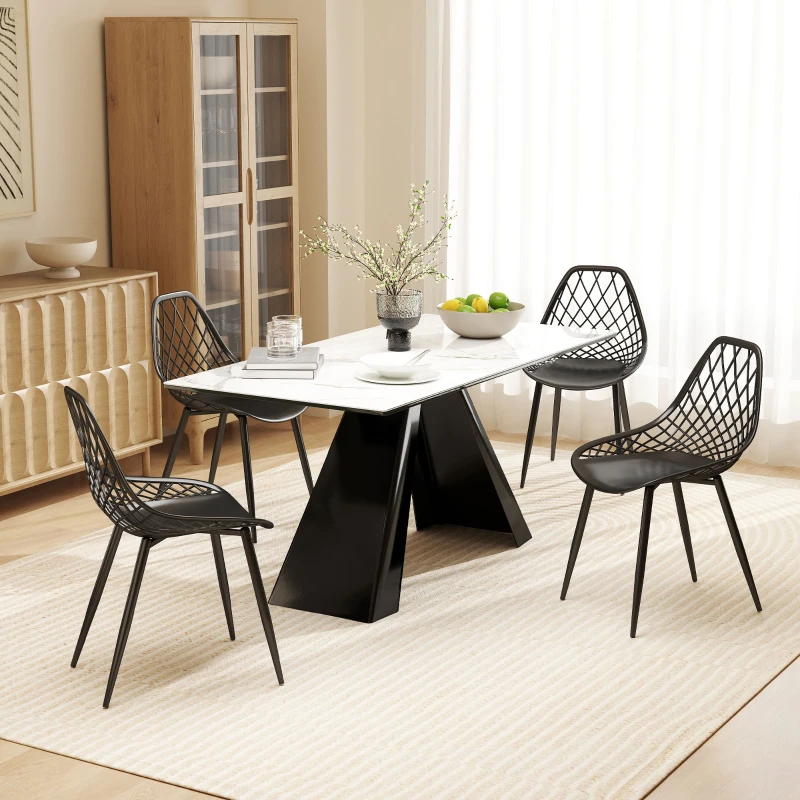 HOMCOM Set 4 Scaune de Dining Moderne cu Spătar Perforat din Plastic și Picioare din Metal, Negru