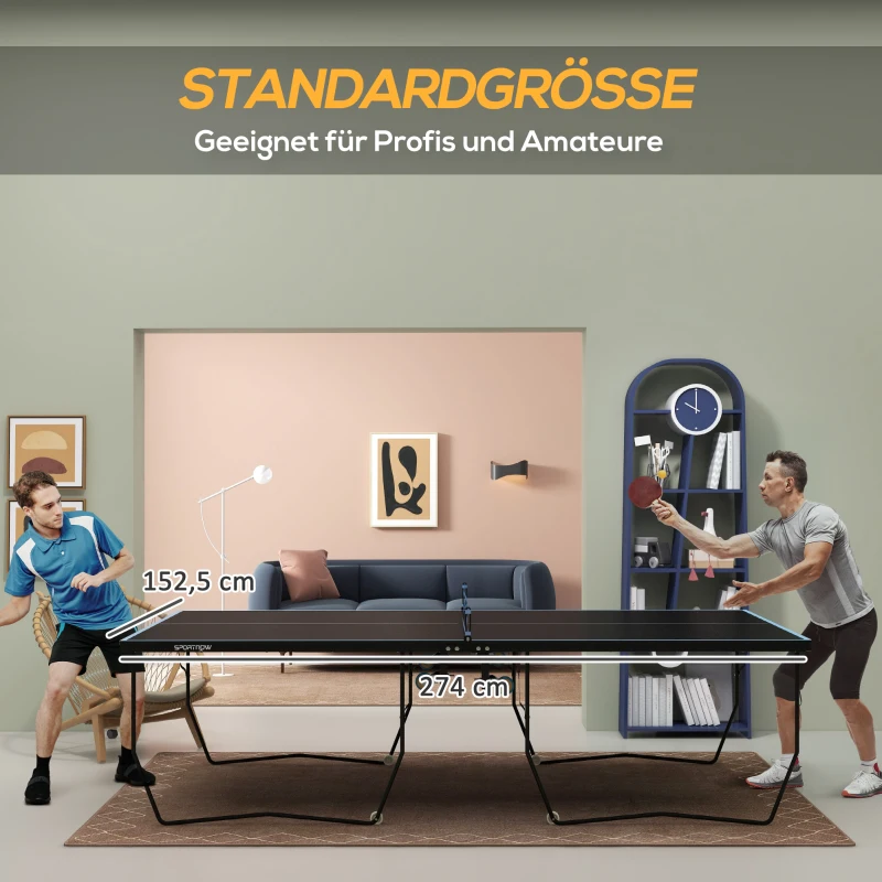 SPORTNOW Tischtennisplatte, klappbar, 8 Räder, pulverbeschichteter Stahlrahmen, MDF, 274 x 152,5 x 76 cm, Schwarz