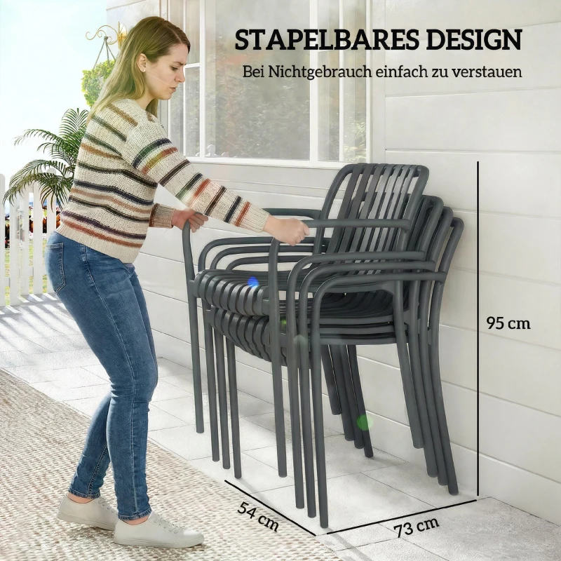 Outsunny Gartenstühle 4er Set Stapelbare Terrassenstühle mit Lamelldesign Armlehnen, Ergonomisch Dunkelgrau