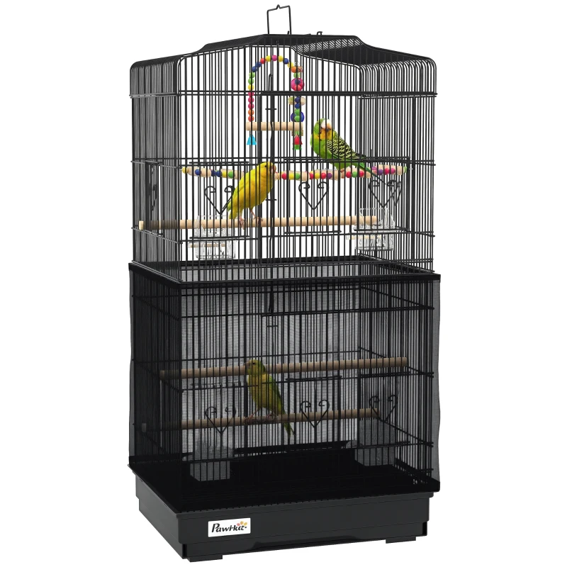 PawHut Colivie pentru pasari cu Stinghii, Leagan si boluri, Voliera din Metal si Plastic, 46.5x35.5x92 cm, Negru