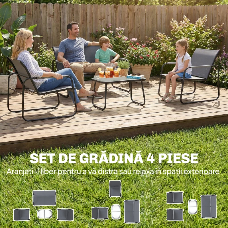 Outsunny Set de Grădină 4 Piese, Canapea cu 2 Locuri, 2 Fotolii, Măsuță din Sticlă Temperată, Gri