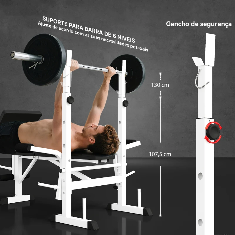 HOMCOM Banco de Musculação Multifuncional Inclinável com Suporte para Barra Ajustável Extensão de Pernas Curl de Predicador 180x134x113-136 cm Preto