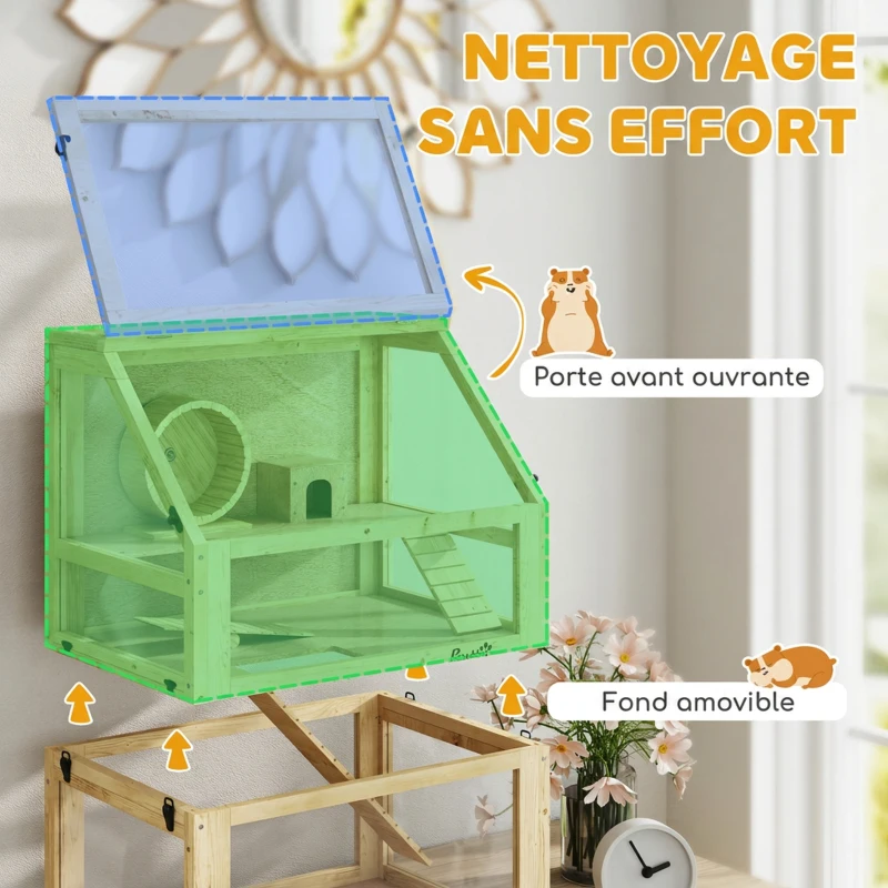 PawHut Cage Hamster Rongeur à 3 Niveaux, Fond Amovible, Cabane, Balançoire, 60x40x75cm, Finition Bois Naturel