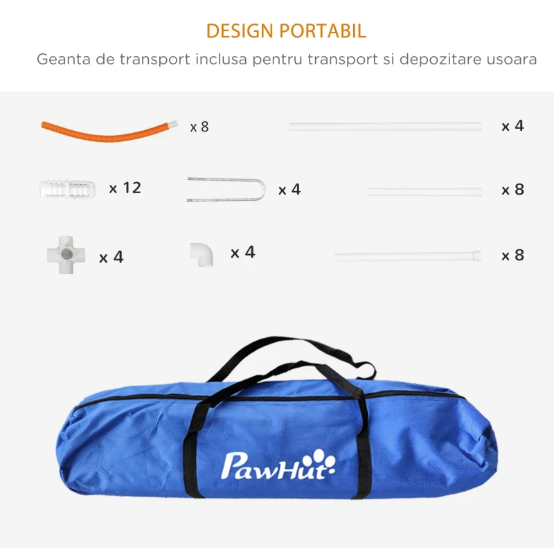 PawHut Set Agilitate Câine 4 Bucăți cu 4 Țăruși și Geantă de Transport, din PE și ABS, 89x69x99 cm, Alb și Portocaliu