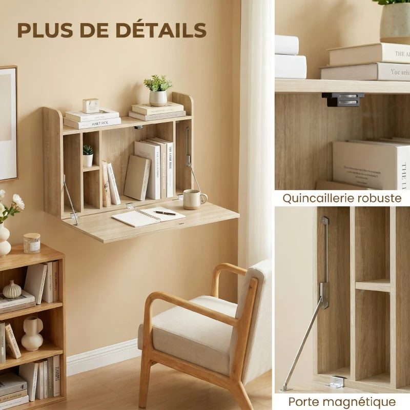 HOMCOM Bureau suspendu table murale table d'ordinateur murale et tablette rabattable avec rangements - 77 x 20 x 51 cm