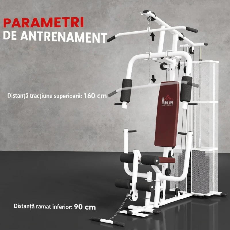 HOMCOM Stație de Fitness Multifuncțională pentru Acasă și Sală, cu 4 Perne din Oțel și PU, 150x110x210 cm, Alb