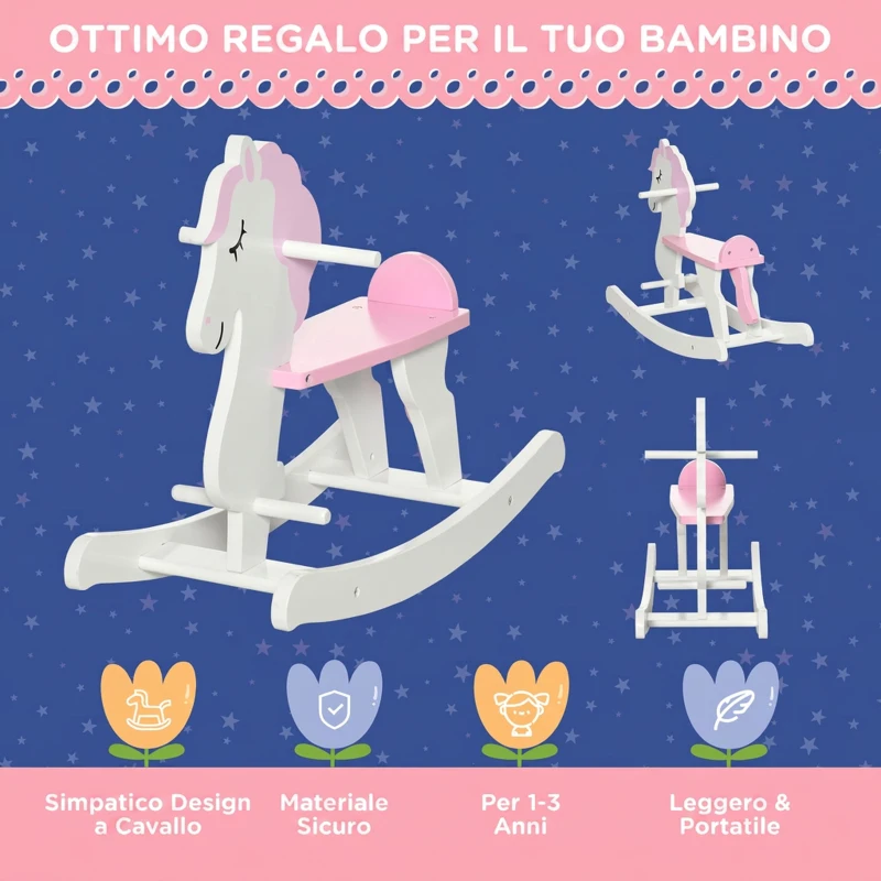 HOMCOM Cavallo a Dondolo per Bambini 1-3 Anni, Cavalluccio a Dondolo in Legno, 68x27x51.5 cm, Rosa e Bianco