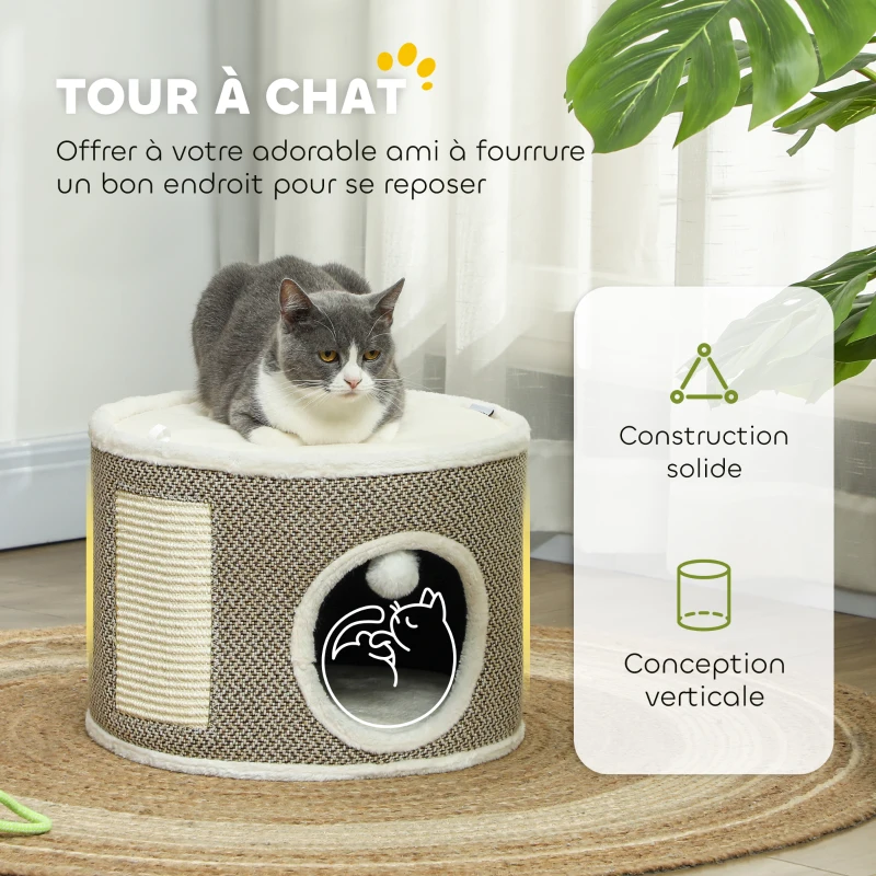 PawHut Tour griffer chat tonneau griffoir chat avec sisal pour gratter dessus en peluche coussins amovibles Ø 40 x 30 cm café